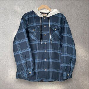 Wrangler Authentics Hooded Flannel Jacket Men’s L Blue Plaid Button Up Sherpa